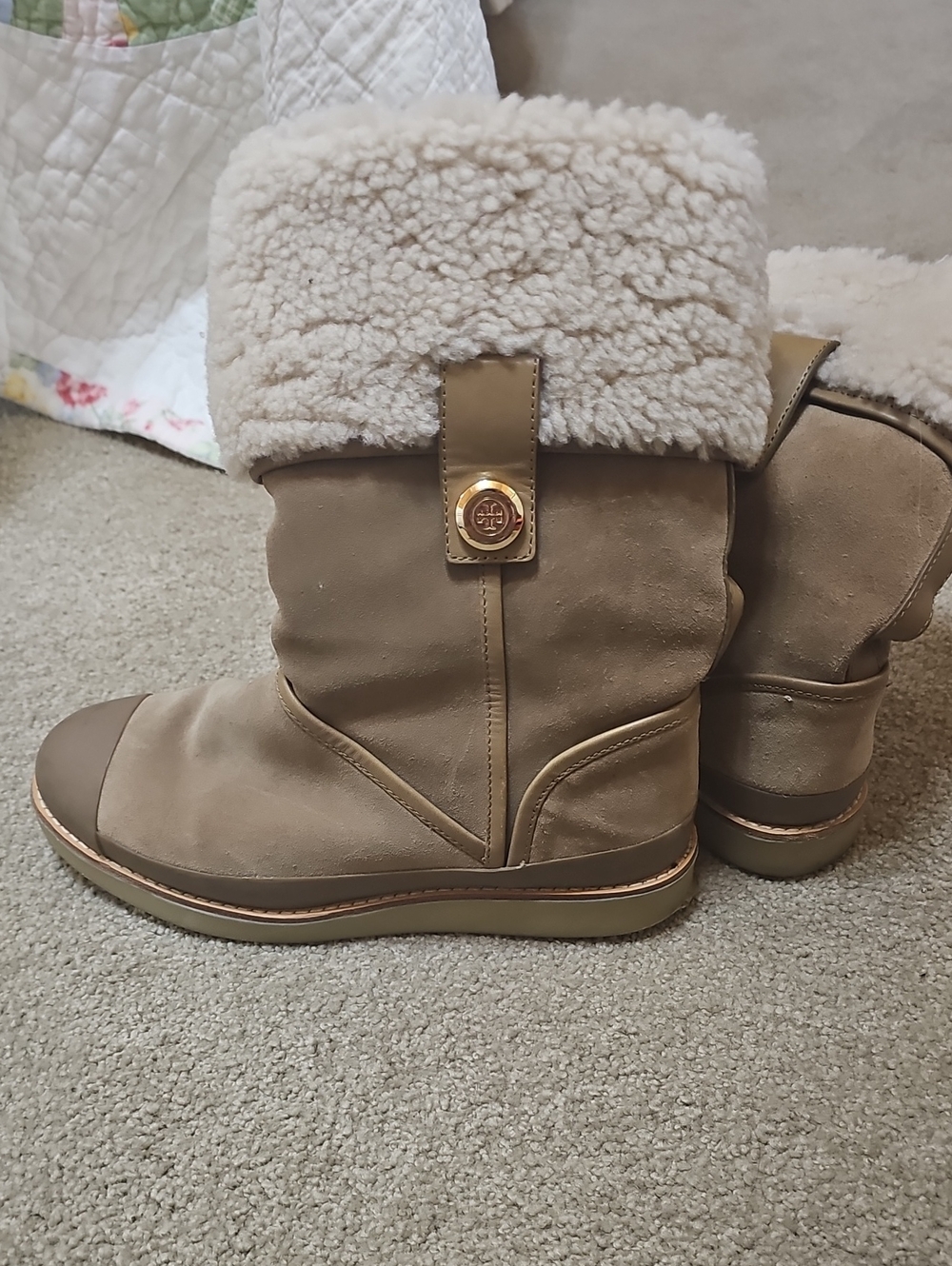 Tory Burch Tan Shearling Trim Winter Boots with Gold Logo